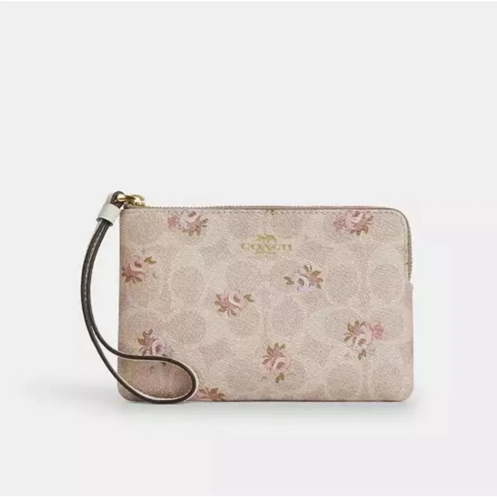 Coach Corner Zip Wristlet In Signature Canvas Floral Print Cream And Pink NWT